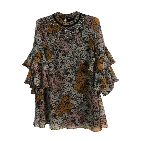 NWT-Ranna Gill Floral Mirror Flutter Sleeve Dress-Sz S - Picture 13 of 15